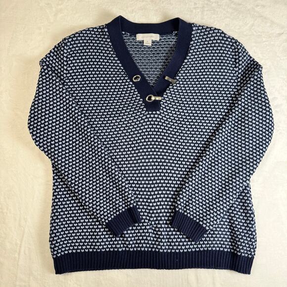 Madison Grey Sweaters - Madison Grey Navy Patterned Knit Sweater Henley Cotton Pullover women’s XL